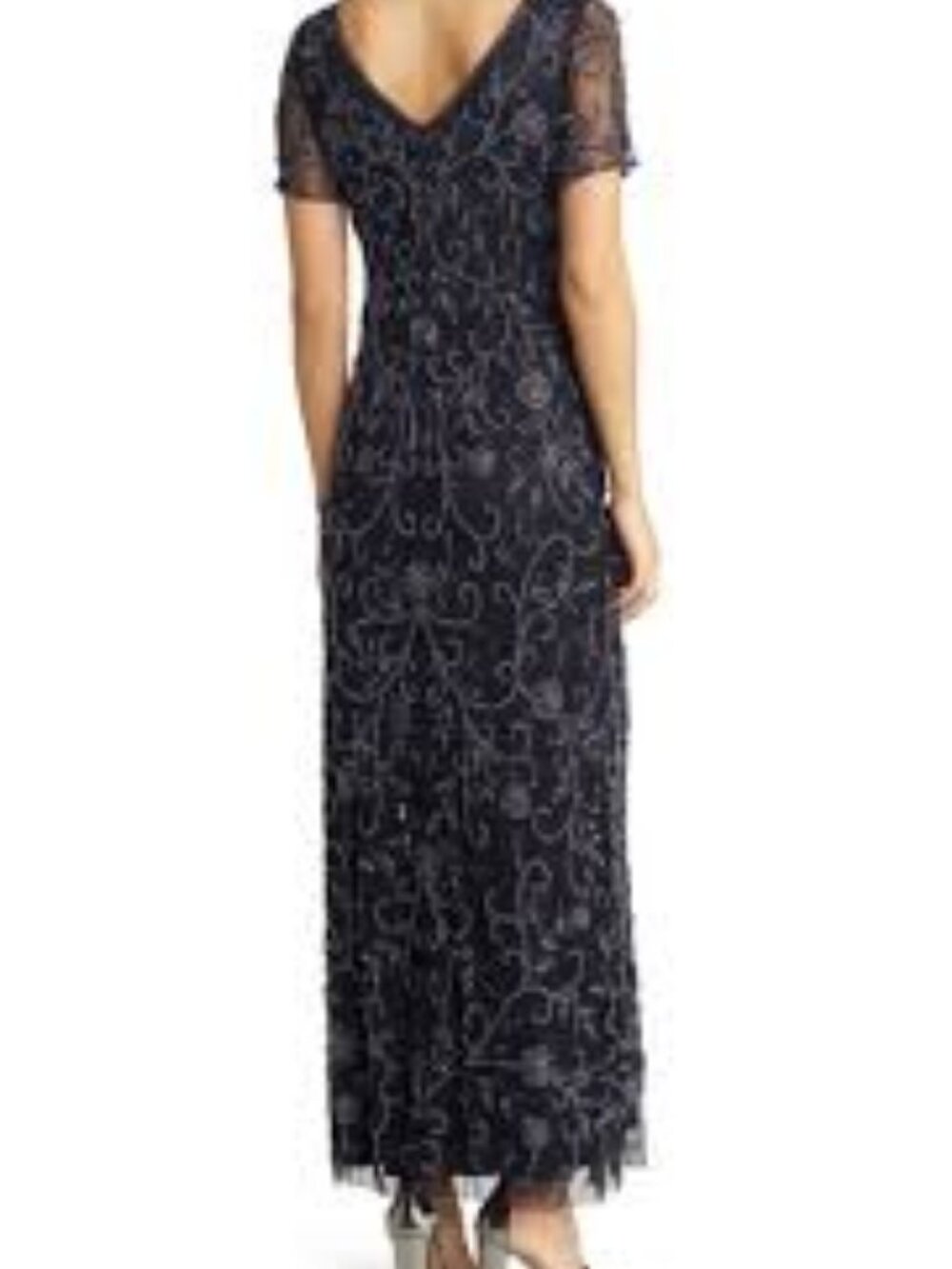 49 - NWT PISARRO NIGHTS BEADED MESH COLUM GOWN IN SLATE - Picture 4 of 4
